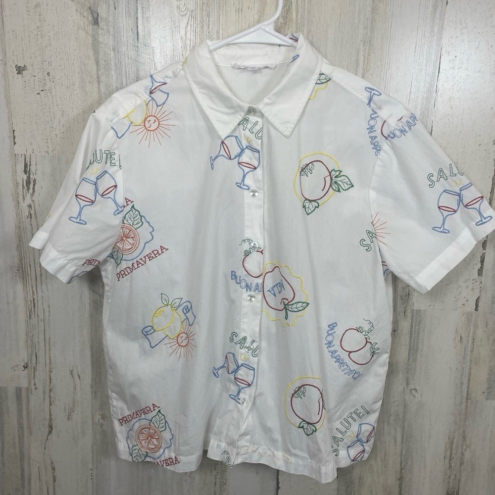 JANE +‎ DELANCEY Embroidered Button Up Shirt sz M White Italian Novelty Vacation